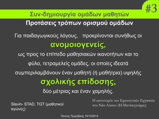 Συν-δημιουργία ομάδων μαθητών
Προτάσεις τρόπων ορισμού ομάδων
Για παιδαγωγικούς λόγους, προκρίνονται συνήθως οι

ανομοιογενείς,
ως προς το επίπεδο μαθησιακών ικανοτήτων και το
φύλο, τετραμελείς ομάδες, οι οποίες ιδεατά
συμπεριλαμβάνουν έναν μαθητή (ή μαθήτρια) υψηλής

σχολικής επίδοσης,
δύο μέτριας και έναν χαμηλής.
Slavin- STAD, TGT (μαθητικοί
αγώνες)

Η καινοτομία των Ερευνητικών Εργασιών
στο Νέο Λύκειο (Η.Ματσαγγούρας)

Γιάννης Τζωρτζάκης 15/12/2013

 