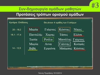Συν-δημιουργία ομάδων μαθητών
Προτάσεις τρόπων ορισμού ομάδων
Θέλουμε να έχουμε «ισοδύναμες» ομάδες

“Η μέθοδος των κλίσεων και
ικανοτήτων των μαθητών”
Συστημική προσέγγιση

Ο καθηγητής καθορίζει τα
κριτήρια (επίδοση ή/και άλλα) και
οι μαθητές επιλέγουν σύμφωνα
με αυτά.
Εδώ τα κριτήρια είναι δεξιότητες

Γιάννης Τζωρτζάκης 15/12/2013

 