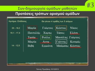 Συν-δημιουργία ομάδων μαθητών
Προτάσεις τρόπων ορισμού ομάδων
Θέλουμε να έχουμε «ισοδύναμες» ομάδες

“Η μέθοδος των κλίσεων και
ικανοτήτων των μαθητών”
Συστημική προσέγγιση

Ο καθηγητής καθορίζει τα
κριτήρια (επίδοση ή/και άλλα) και
οι μαθητές επιλέγουν σύμφωνα
με αυτά.
Εδώ τα κριτήρια είναι δεξιότητες

Γιάννης Τζωρτζάκης 15/12/2013

 