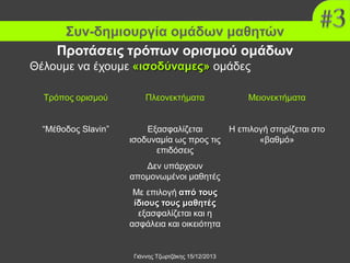 Συν-δημιουργία ομάδων μαθητών
Προτάσεις τρόπων ορισμού ομάδων
Θέλουμε να έχουμε «ισοδύναμες» ομάδες
Τρόπος ορισμού
“Μέθοδος Slavin”

Πλεονεκτήματα

Μειονεκτήματα

Εξασφαλίζεται
Η επιλογή στηρίζεται στο
ισοδυναμία ως προς τις
«βαθμό»
επιδόσεις
Δεν υπάρχουν
απομονωμένοι μαθητές
Με επιλογή από τους
ίδιους τους μαθητές
εξασφαλίζεται και η
ασφάλεια και οικειότητα

Γιάννης Τζωρτζάκης 15/12/2013

 