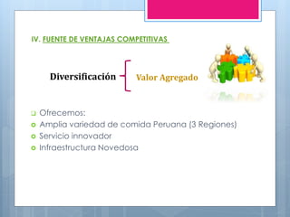  Ofrecemos:
 Amplia variedad de comida Peruana (3 Regiones)
 Servicio innovador
 Infraestructura Novedosa
IV. FUENTE DE VENTAJAS COMPETITIVAS
Diversificación Valor Agregado
 