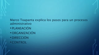 Marco Toapanta explica los pasos para un procesos
administrativo
•PLANEACIÓN
•ORGANIZACIÓN
•DIRECCIÓN
•CONTROL
 