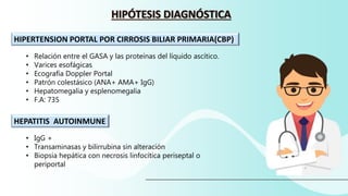 HIPERTENSION PORTAL POR CIRROSIS BILIAR PRIMARIA(CBP)
HEPATITIS AUTOINMUNE
• Relación entre el GASA y las proteínas del líquido ascítico.
• Varices esofágicas
• Ecografía Doppler Portal
• Patrón colestásico (ANA+ AMA+ IgG)
• Hepatomegalia y esplenomegalia
• F.A: 735
• IgG +
• Transaminasas y bilirrubina sin alteración
• Biopsia hepática con necrosis linfocítica periseptal o
periportal
 