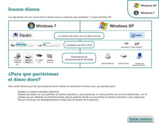 Windows XP
Iconos discos
                                                                                                                            Windows 7
Los siguientes son los iconos de los discos duros y externos para windows 7 y para windows XP




                                               Le damos clic para ver los discos duros


                                                      Unidades de Disco Duro



                                                         Dispositivos de
                                                     Almacenamiento Extraíble




¿Para que particionar
el disco duro?
Hay varias razones por las que podemos tener interés en particionar el disco duro, por ejemplo para:

      Ÿ Instalar un sistema operativo adicional.
      Ÿ Separar los datos: en una partición el sistema operativo y los programas, en otra partición los archivos personales, con la
        ventaja que en adelante se podrá formatear sólo la particón donde se encuentran el sistema operativo y los programas.
      Ÿ Reducir el tiempo de desfragmentación (total) sólo al tamaño de la partición.
 