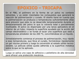 EPOXICO - TRICAPA
En el FBE, el polímero en la forma de un polvo no contiene
solventes, y ya están mezclados los compuestos que generará la
reacción de polimerización y curado. El diseño tiene en cuenta que
la polimerización se produzca a temperaturas suficientemente altas
para prevenir que esta no se desarrolle tempranamente durante el
almacenamiento del polvo lo que lo volvería total o parcialmente
inutilizable. El polvo es dispersado por una lanza aplicadora en el
interior de un tubo; impacta la superficie ayudado por la acción del
campo electrostático y se funde al tocar una superficie que está a
temperaturas alrededor de los 200 °C, convirtiéndose en un líquido.

Inmediatamente comienza el proceso de polimerización, muy rápido
a esas temperaturas, que lleva al curado, formándose rápidamente
un gel viscoso primero y luego la conversión al estado sólido termo-
estable. La película sólida queda adherida a la superficie metálica
sobre la que se ha aplicado.

Luego se aplica una capa de adhesivo y polietileno de alta densidad
para ofrecer una protección mecánica.
 