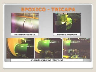 EPOXICO - TRICAPA



TUBO PREPARADO PARA REVESTIR                      APLICACIÓN DE RESINA EPOXICA




                     APLICACIÓN DE ADHESIVO Y POLIETILENO
 