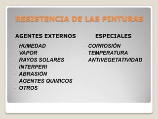RESISTENCIA DE LAS PINTURAS

AGENTES EXTERNOS         ESPECIALES
- HUMEDAD            - CORROSIÓN
- VAPOR              - TEMPERATURA
- RAYOS SOLARES      - ANTIVEGETATIVIDAD
- INTERPERI
- ABRASIÓN
- AGENTES QUIMICOS
- OTROS
 