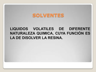 SOLVENTES

LIQUIDOS VOLATILES DE DIFERENTE
NATURALEZA QUIMICA, CUYA FUNCIÓN ES
LA DE DISOLVER LA RESINA.
 