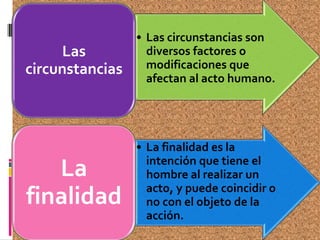 • Las circunstancias son
diversos factores o
modificaciones que
afectan al acto humano.
Las
circunstancias
• La finalidad es la
intención que tiene el
hombre al realizar un
acto, y puede coincidir o
no con el objeto de la
acción.
La
finalidad
 