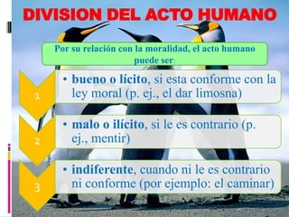 DIVISION DEL ACTO HUMANO
1
• bueno o lícito, si esta conforme con la
ley moral (p. ej., el dar limosna)
2
• malo o ilícito, si le es contrario (p.
ej., mentir)
3
• indiferente, cuando ni le es contrario
ni conforme (por ejemplo: el caminar)
Por su relación con la moralidad, el acto humano
puede ser:
 