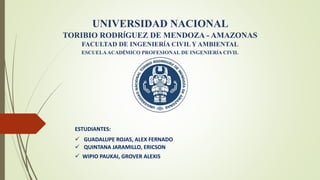 UNIVERSIDAD NACIONAL
TORIBIO RODRÍGUEZ DE MENDOZA - AMAZONAS
FACULTAD DE INGENIERÍA CIVILY AMBIENTAL
ESCUELAACADÉMICO PROFESIONAL DE INGENIERÍA CIVIL
ESTUDIANTES:
 GUADALUPE ROJAS, ALEX FERNADO
 QUINTANA JARAMILLO, ERICSON
 WIPIO PAUKAI, GROVER ALEXIS
 