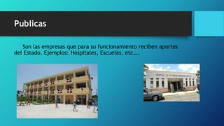 Publicas
Son las empresas que para su funcionamiento reciben aportes
del Estado. Ejemplos: Hospitales, Escuelas, etc….
 