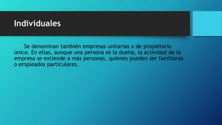 Individuales
Se denominan también empresas unitarias o de propietario
único. En ellas, aunque una persona es la dueña, la actividad de la
empresa se extiende a más personas, quienes pueden ser familiares
o empleados particulares.
 