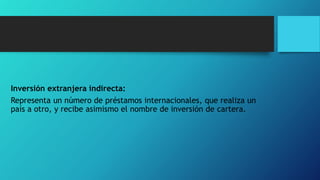Inversión extranjera indirecta:
Representa un número de préstamos internacionales, que realiza un
país a otro, y recibe asimismo el nombre de inversión de cartera.
 