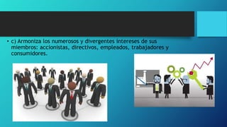 • c) Armoniza los numerosos y divergentes intereses de sus
miembros: accionistas, directivos, empleados, trabajadores y
consumidores.
 