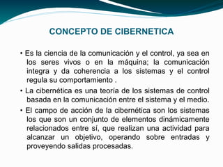 CONCEPTO DE CIBERNETICA

• Es la ciencia de la comunicación y el control, ya sea en
  los seres vivos o en la máquina; la comunicación
  integra y da coherencia a los sistemas y el control
  regula su comportamiento .
• La cibernética es una teoría de los sistemas de control
  basada en la comunicación entre el sistema y el medio.
• El campo de acción de la cibernética son los sistemas
  los que son un conjunto de elementos dinámicamente
  relacionados entre sí, que realizan una actividad para
  alcanzar un objetivo, operando sobre entradas y
  proveyendo salidas procesadas.
 