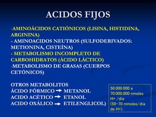 ACIDOS FIJOS
-AMINOÁCIDOS CATIÓNICOS (LISINA, HISTIDINA,
ARGININA)
- AMINOACIDOS NEUTROS (SULFODERIVADOS:
METIONINA, CISTE...