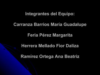 Integrantes del Equipo: Carranza Barrios María Guadalupe Feria Pérez Margarita Herrera Mellado Fior Daliza Ramírez Ortega Ana Beatriz 