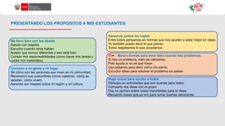 Me llevo bien con los demás
Saludo con respeto.
Escucho cuando otros hablan.
Acepto que somos diferentes y eso está bien.
Cumplo mis responsabilidades (como hacer mis tareas y
cuidar mis materiales).
Conozco a mi gente y mi lugar
Sé cómo son las personas que viven en mi comunidad.
Reconozco sus costumbres (cómo celebran, cómo se
saludan, cómo viven).
Aprendo con respeto sobre mi región y mi cultura.
Hacemos juntos las reglas
Entre todos pensamos en normas que nos ayuden a estar mejor en clase.
Yo también puedo decir lo que pienso.
Todos respetamos lo que acordamos.
😠➡🙂 Busco formas para estar bien cuando hay problemas
Si hay un problema, trato de calmarme.
Pido ayuda si no sé qué hacer.
Uso palabras para decir cómo me siento.
Escucho ideas para resolver el problema sin pelear.
Hago cosas para ayudar a todos
Participo en actividades que son buenas para todos.
Comparto mis ideas con el grupo.
Doy mi opinión sobre cosas importantes para la clase.
Recuerdo cosas que ya viví para tomar buenas decisiones.
PRESENTANDO LOS PROPÓSITOS A MIS ESTUDIANTES:
 