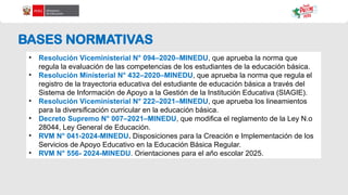 BASES NORMATIVAS
• Resolución Viceministerial N° 094–2020–MINEDU, que aprueba la norma que
regula la evaluación de las competencias de los estudiantes de la educación básica.
• Resolución Ministerial N° 432–2020–MINEDU, que aprueba la norma que regula el
registro de la trayectoria educativa del estudiante de educación básica a través del
Sistema de Información de Apoyo a la Gestión de la Institución Educativa (SIAGIE).
• Resolución Viceministerial N° 222–2021–MINEDU, que aprueba los lineamientos
para la diversificación curricular en la educación básica.
• Decreto Supremo N° 007–2021–MINEDU, que modifica el reglamento de la Ley N.o
28044, Ley General de Educación.
• RVM N° 041-2024-MINEDU. Disposiciones para la Creación e Implementación de los
Servicios de Apoyo Educativo en la Educación Básica Regular.
• RVM N° 556- 2024-MINEDU. Orientaciones para el año escolar 2025.
 