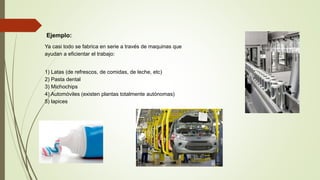 Ejemplo:
Ya casi todo se fabrica en serie a través de maquinas que
ayudan a eficientar el trabajo:
1) Latas (de refrescos, de comidas, de leche, etc)
2) Pasta dental
3) Michochips
4) Automóviles (existen plantas totalmente autónomas)
5) lapices
 
