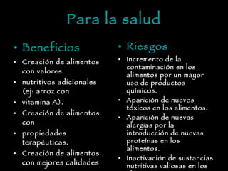 Para la salud Beneficios Creación de alimentos con valores nutritivos adicionales (ej: arroz con vitamina A). Creación de alimentos con propiedades terapéuticas. Creación de alimentos con mejores calidades  Riesgos Incremento de la contaminación en los alimentos por un mayor uso de productos químicos. Aparición de nuevos tóxicos en los alimentos. Aparición de nuevas alergias por la introducción de nuevas proteínas en los alimentos. Inactivación de sustancias nutritivas valiosas en los alimentos. Resistencia de las bacterias patógenas para el hombre a los antibióticos y reducción de la eficacia de estos medicamentos para  combatir enfermedades humanas.  