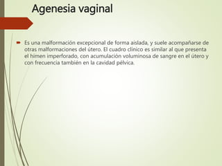 Agenesia vaginal
 Es una malformación excepcional de forma aislada, y suele acompañarse de
otras malformaciones del útero. El cuadro clínico es similar al que presenta
el himen imperforado, con acumulación voluminosa de sangre en el útero y
con frecuencia también en la cavidad pélvica.
 