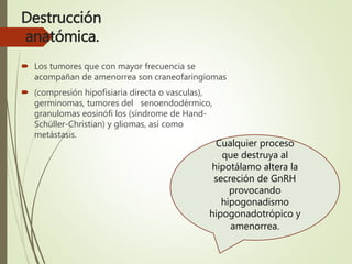 Destrucción
anatómica.
 Los tumores que con mayor frecuencia se
acompañan de amenorrea son craneofaringiomas
 (compresión hipofisiaria directa o vasculas),
germinomas, tumores del senoendodérmico,
granulomas eosinófi los (síndrome de Hand-
Schüller-Christian) y gliomas, así como
metástasis.
Cualquier proceso
que destruya al
hipotálamo altera la
secreción de GnRH
provocando
hipogonadismo
hipogonadotrópico y
amenorrea.
 