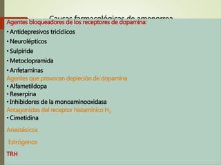 Causas farmacológicas de amenorreaAgentes bloqueadores de los receptores de dopamina:
• Antidepresivos tricíclicos
• Neurolépticos
• Sulpiride
• Metoclopramida
• Anfetaminas
Agentes que provocan depleción de dopamina
• Alfametildopa
• Reserpina
• Inhibidores de la monoaminooxidasa
Antagonistas del receptor histamínico H2
• Cimetidina
Anestésicos
Estrógenos
TRH
 