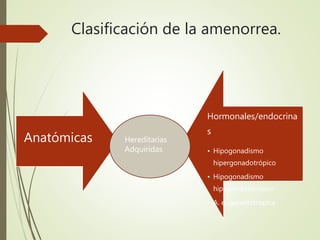 Clasificación de la amenorrea.
Anatómicas
Hormonales/endocrina
s
• Hipogonadismo
hipergonadotrópico
• Hipogonadismo
hipogonadotrópico
• A. eugonadotrópica
Hereditarias
Adquiridas
 