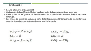 Graficas X-S
 Es una alternativa al diagrama R
 Cada punto de la gráfica de Medias es el promedio de las muestras de un subgrupo.
 Cada punto de la gráfica de Desviaciones es la desviación estándar interna de cada
subgrupo.
 Los límites de control se calculan a partir de la Desviación estándar promedio y delimitan una
zona de 3 desviaciones estándar de cada lado de la media.
 