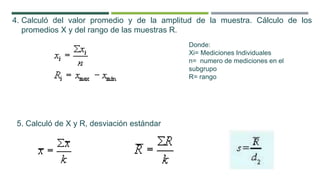 4. Calculó del valor promedio y de la amplitud de la muestra. Cálculo de los
promedios X y del rango de las muestras R.
5. Calculó de X y R, desviación estándar
Donde:
Xi= Mediciones Individuales
n= numero de mediciones en el
subgrupo
R= rango
 