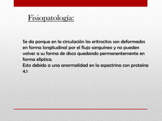Fisiopatología:
Se da porque en la circulación los eritrocitos son deformados
en forma longitudinal por el flujo sanguíneo y no pueden
volver a su forma de disco quedando permanentemente en
forma elíptica.
Esto debido a una anormalidad en la espectrina con proteína
4.1

 