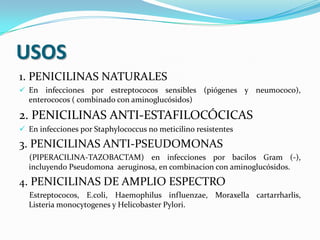 USOS
1. PENICILINAS NATURALES
 En infecciones por estreptococos sensibles (piógenes y neumococo),
  enterococos ( combinado con aminoglucósidos)

2. PENICILINAS ANTI-ESTAFILOCÓCICAS
 En infecciones por Staphylococcus no meticilino resistentes

3. PENICILINAS ANTI-PSEUDOMONAS
  (PIPERACILINA-TAZOBACTAM) en infecciones por bacilos Gram (-),
  incluyendo Pseudomona aeruginosa, en combinacion con aminoglucósidos.
4. PENICILINAS DE AMPLIO ESPECTRO
  Estreptococos, E.coli, Haemophilus influenzae, Moraxella cartarrharlis,
  Listeria monocytogenes y Helicobaster Pylori.
 