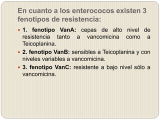 En cuanto a los enterococos existen 3
fenotipos de resistencia:
 1. fenotipo VanA: cepas de alto nivel de
resistencia tanto a vancomicina como a
Teicoplanina.
 2. fenotipo VanB: sensibles a Teicoplanina y con
niveles variables a vancomicina.
 3. fenotipo VanC: resistente a bajo nivel sólo a
vancomicina.
 