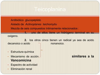 • Antibiótico glucopéptido
• Aislado de Actinoplanes teichomytiu
• Mezcla de seis compuestos íntimamente relacionados :
1. uno de ellos tiene un hidrógeno terminal en su
oxigeno.
2. los otros cinco tienen un radical ya sea de acido
decanoico o acido nonanoico.
• Estructura química
• Mecanismo de acción similares a la
Vancomicina
• Espectro de actividad
• Eliminación renal
Teicoplanina
 