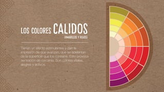Tienen un efecto estimulantes y dan la
impresión de que avanzan, que se adelantan
de la superficie que los contiene. Esto provoca
sensación de cercanía. Son colores vitales,
alegres y activos.
CALIDOSLOS cOLORES
(amarillos y rojos)
 