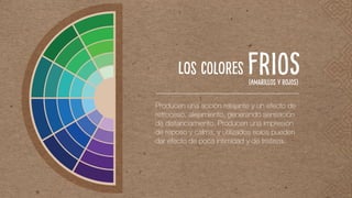 (amarillos y rojos)
Producen una acción relajante y un efecto de
retroceso, alejamiento, generando sensación
de distanciamiento. Producen una impresión
de reposo y calma, y utilizados solos pueden
dar efecto de poca intimidad y de tristeza.
FRIOSLOS cOLORES
 