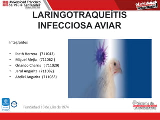 LARINGOTRAQUEÍTIS
INFECCIOSA AVIAR
Integrantes
• Ibeth Herrera (711043)
• Miguel Mejía (711062 )
• Orlando Charris ( 711029)
• Jarol Angarita (711082)
• Abdiel Angarita (711083)
 