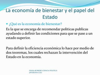 Información incompleta y asimétrica: supone que la información no esta completamente disponible y esta desigualmente distribuida, lo que impide que los individuos actúen  de forma maximizadora.Para solucionar esto el modelo propone dos cosas:Liberalizar los mercados       la información relevante es los precios, si estos se dan el individuo puede actuar de forma racional. Aceptar el papel del Estado solo para que cree instituciones y mecanismos que hagan mas fácil y menos costoso acceder a la informaciónDIANA ROMERO CIENCIA POLITICA JAVERIANA CALI
