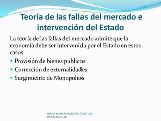 Teorema 1:  existe un equilibrio competitivo en la economía , los precios son lo que son, sin importar las elecciones de los vendedores y compradores, debido a que estos son demasiado pequeños para afectar los precios en alguna medida.Teorema 2:  la economía competitiva logra una distribución del ingreso eficiente, sin necesidad de intervención del Estado, siempre y cuando la distribución inicial de los recursos sea la correctaDIANA ROMERO CIENCIA POLITICA JAVERIANA CALI