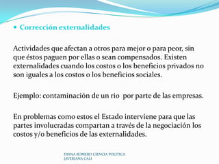 La visión del Estado de HayekHayek concebía al Estado como una institución de orden espontaneo, creada de forma inconsciente. Una institución muy inferior al sistema económico por lo que consideraba que no debía intervenir en este. Para Hayek  solo debe existir un  orden jurídico  que le de  estabilidad al orden espontaneo pero que  no intervenga en las actividades del mercado.DIANA ROMERO CIENCIA POLITICA JAVERIANA CALI