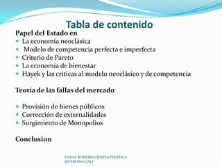 Tabla de contenido Papel del Estado enLa economía neoclásica Modelo de competencia perfecta e imperfectaCriterio de Pareto La economía de bienestar Hayek y las criticas al modelo neoclásico y de competencia Teoría de las fallas del mercado Provisión de bienes públicos Corrección de externalidadesSurgimiento de Monopolios ConclusionDIANA ROMERO CIENCIA POLITICA JAVERIANA CALI
