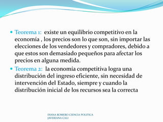 Optimo de Pareto  y el papel del Estado el  estado de la Sociedad en la cual se alcanza el máximo bienestar posible. éste ocurre cuando ninguna persona puede ganar sin que otra pierda.Con el Optimo de Pareto se puede evaluar el impacto del papel del Estado en la economía, para hacer esto se tiene en cuenta que el óptimo  de Pareto define como deseable un cambio de una política publica o la introducción de una nueva solo si esta permite que todos los individuos mejoren o al menos mejoren algunos  al tiempoDIANA ROMERO CIENCIA POLITICA JAVERIANA CALI