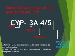 Nomenclatura actual de las 
isoenzimas del CYP 
CYP- 3A 4/5 RAÍZ 
FAMILIAS 
SUBFAMILIA 
ISOENZIMAS O 
ENZIMAS 
INDIVIDUALES 
La familia 1,2 y 3 contribuyen en la biotransformación de 
los medicamentos 
Las 3A4 y 3A5 son las mas importantes porque predominan 
en hígado e intestino 
 