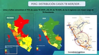 Casos TB XDR año 2020
0
1
2 - 7
8 - 76
CALLAO
(18)
LORETO
(0)
UCAYALI
(0)
PUNO
(0)
CUSCO
(0)
JUNIN
(0)
LIMA
(76)
ICA
(7)
AREQUIPA
(1)
PIURA
(1)
MADRE DE DIOS
(3)
(0)
SAN MARTIN
(0)
AYACUCHOAPURIMAC
(0)
ANCASH HUANUCO
(1) (0)
PASCO
(0)
AMAZONAS
(0)
(0)
LA LIBERTAD
(7)
HUANCAVELICA
(0)
MOQUEGUA
(0)
TACNA
(0)
LAMBAYEQUCEAJAMARCA
(0)
TUMBES
(0)
DPCTB/DGIESP/MINSA/PERU
Lagos Principales
0 - 2
3 - 17
18 - 30
31 - 870
Callao
(103)
Loreto
(31)
Ucayali
(37)
Puno
(3)
Cusco
(6)
Junin
(28)
Arequipa
(7)
Piura
(17)
Madre de Dios
(17)
Lima
Metropolitana
San Martin
(4)
(8)
Ancash Huánuco
(23) (18)
Pasco
(0)
Ica
(63)
Tacna
(17)
Ayacucho Apurimac
(0)
Amazonas
(0)
La Libertad
(64)
(870)
Huancavelica
(0)
Moquegua
(0)
Lambayeque
(21)
Cajamarca
(0)
Tumbes
(0)
Lima
Provincia
(82)
RR/MDR XDR
Lima y Callao concentran el 75% de casos TB MDR y 86.3% de TB XDR, de las 6 regiones con mayor carga de
TB Resistente.
PERÚ. DISTRIBUCIÓN CASOS TB MDR/XDR .
 