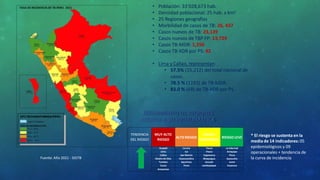 Fuente: Año 2021 - SIGTB
• Población: 33’028,673 hab.
• Densidad poblacional: 25 hab. x km2
• 25 Regiones geografías
• Morbilidad de casos de TB: 26, 437
• Casos nuevos de TB: 23,139
• Casos nuevos de TBP FP: 13,729
• Casos TB-MDR: 1,256
• Casos TB-XDR por PS: 82
• Lima y Callao, representan:
• 57.5% (15,212) del total nacional de
casos.
• 78.5 % (1193) de TB-MDR.
• 83.0 % (68) de TB-XDR por PS
* El riesgo se sustenta en la
media de 14 indicadores: 05
epidemiológicos y 09
operacionales + tendencia de
la curva de incidencia
SEGUIMIENTO DE REGIONES
ACORDE A SU PROBLEMÁTICA
TENDENCIA
DEL RIESGO
MUY ALTO
RIESGO
ALTO RIESGO
RIESGO
MODERADO
RIESGO LEVE
Ucayali Loreto Tacna La Libertad
Lima Ica Pasco Arequipa
Callao San Martín Cajamarca Piura
Madre de Dios Huancavelica Moquegua Ayacucho
Tumbes Apurímac Ancash Junin
Cusco Puno Lambayeque Huanuco
Amazonas
 
