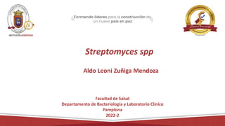 Streptomyces spp
Aldo Leoni Zuñiga Mendoza
Facultad de Salud
Departamento de Bacteriología y Laboratorio Clínico
Pamplona
2022-2
 