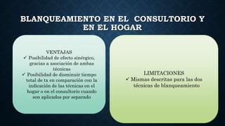 BLANQUEAMIENTO EN EL CONSULTORIO Y
EN EL HOGAR
VENTAJAS
 Posibilidad de efecto sinérgico,
gracias a asociación de ambas
técnicas
 Posibilidad de disminuir tiempo
total de tx en comparación con la
indicación de las técnicas en el
hogar o en el consultorio cuando
son aplicados por separado
LIMITACIONES
 Mismas descritas para las dos
técnicas de blanqueamiento
 