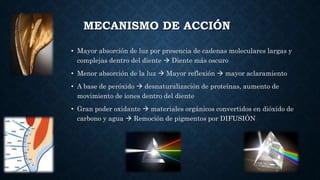 MECANISMO DE ACCIÓN
• Mayor absorción de luz por presencia de cadenas moleculares largas y
complejas dentro del diente  Diente más oscuro
• Menor absorción de la luz  Mayor reflexión  mayor aclaramiento
• A base de peróxido  desnaturalización de proteínas, aumento de
movimiento de iones dentro del diente
• Gran poder oxidante  materiales orgánicos convertidos en dióxido de
carbono y agua  Remoción de pigmentos por DIFUSIÓN
 